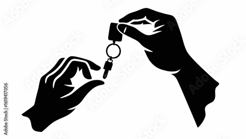 Two hands exchanging a key with a keyring in a black and white silhouette style illustration art