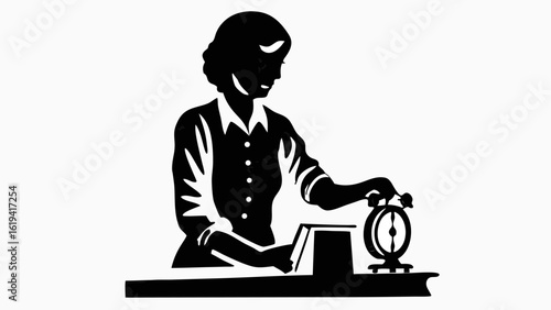 Silhouette of a woman in a button down shirt setting an alarm clock on a desk with a book nearby