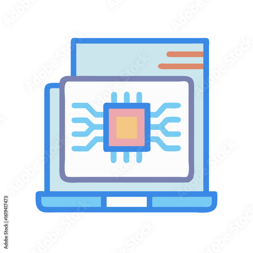 Stylized laptop and server icon with integrated processor chip