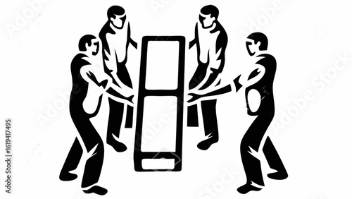 Four people lifting and moving a large rectangular object together in a coordinated effort shown in black silhouette