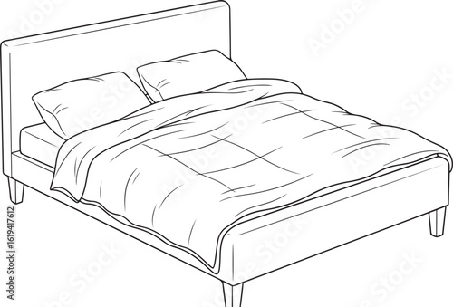 Line art outline drawing of a cozy bed with pillows and blanket
