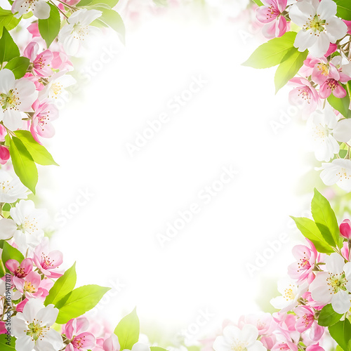 Wallpaper Mural A delicate floral frame of pink and white spring blossoms with fresh green leaves on a bright background. Torontodigital.ca