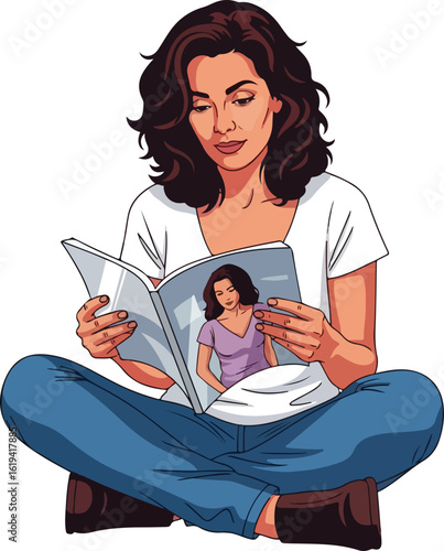 Illustration of a woman with curly hair sitting cross-legged reading a magazine with her image on cover.