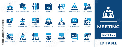 Meeting Icon Set. Editable icons include discussion, conference, editable, icon, meeting, group, human, interview, and meet.