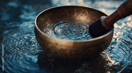 A calming scene featuring a singing bowl creating ripples in water.