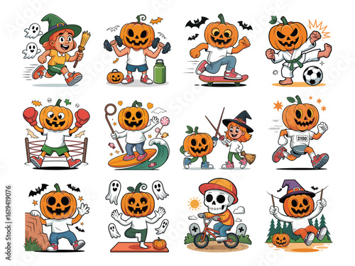 Wallpaper Mural Diverse cartoon pumpkin heads enjoy various activities for a festive Halloween celebration theme Torontodigital.ca
