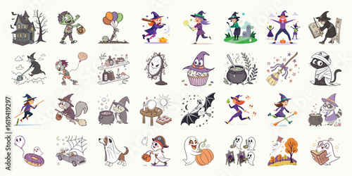 Diverse Halloween characters enjoy spooky activities like witching, trick or treating, and potion making