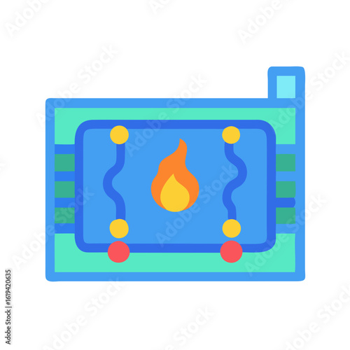Stylized cartoon fireplace illustration with flame in blue and green