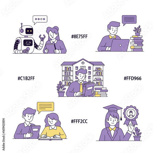 Five diverse illustrations of people interacting with technology and education robot chatbot