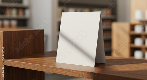 Square white signage mockup on store display shelf