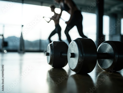 Dumbbells on the floor in a modern gym, with an athlete blurred in the distance. Dynamic and motivating composition for sports themes.