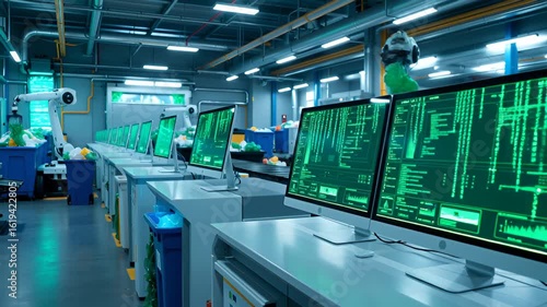 Eco Cityscape with AI Robots Managing Smart Waste,Futuristic Green City with Intelligent Waste Solutions
