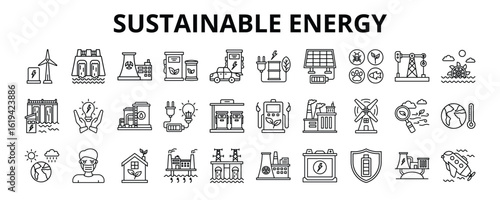 30 Sustainable Energy Line Icons Vector - Renewable Energy, Hydro Power, Green Energy, Energy Saving, Alternative Fuel 