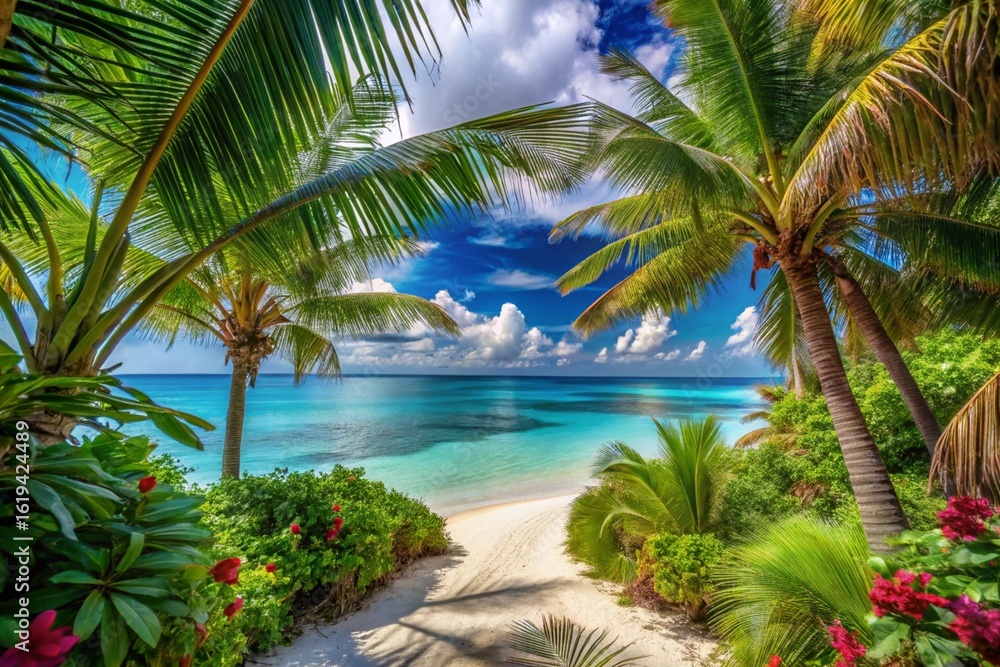 Fototapeta premium A beautiful tropical beach paradise with palm trees framing the turquoise ocean and white sand under a sunny blue sky with clouds