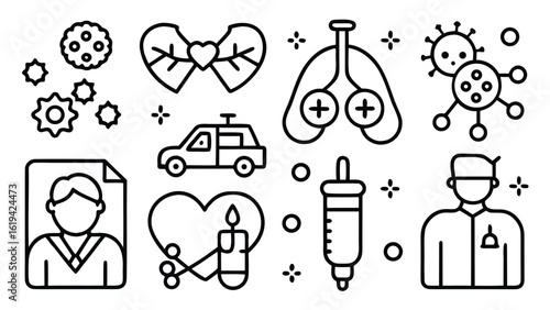 Health checkup icon set. Contains such icons as hospital, doctor, nurse, stethoscope, instruments, research, organs, tests, viruses, lung, liver, brain, eye, hearing, kidneys, stomach and more
