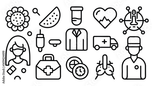 Health checkup icon set. Contains such icons as hospital, doctor, nurse, stethoscope, instruments, research, organs, tests, viruses, lung, liver, brain, eye, hearing, kidneys, stomach and more
