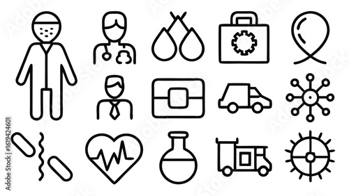 Health checkup icon set. Contains such icons as hospital, doctor, nurse, stethoscope, instruments, research, organs, tests, viruses, lung, liver, brain, eye, hearing, kidneys, stomach and more
