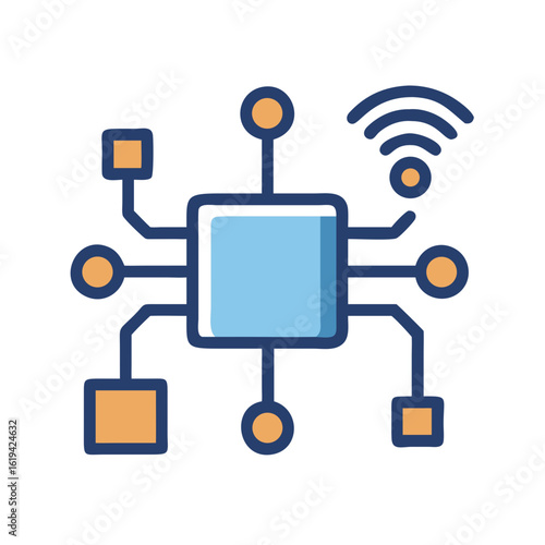 Microchip illustration with network nodes and wireless connection signal