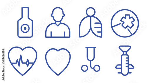 Health checkup icon set. Contains such icons as hospital, doctor, nurse, stethoscope, instruments, research, organs, tests, viruses, lung, liver, brain, eye, hearing, kidneys, stomach and more
