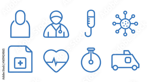 Health checkup icon set. Contains such icons as hospital, doctor, nurse, stethoscope, instruments, research, organs, tests, viruses, lung, liver, brain, eye, hearing, kidneys, stomach and more
