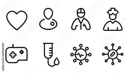 Health checkup icon set. Contains such icons as hospital, doctor, nurse, stethoscope, instruments, research, organs, tests, viruses, lung, liver, brain, eye, hearing, kidneys, stomach and more

