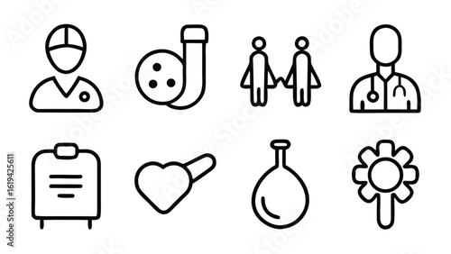 Health checkup icon set. Contains such icons as hospital, doctor, nurse, stethoscope, instruments, research, organs, tests, viruses, lung, liver, brain, eye, hearing, kidneys, stomach and more
