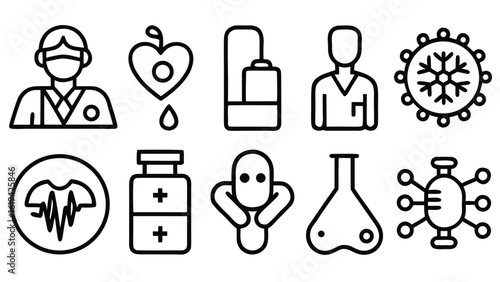 Health checkup icon set. Contains such icons as hospital, doctor, nurse, stethoscope, instruments, research, organs, tests, viruses, lung, liver, brain, eye, hearing, kidneys, stomach and more
