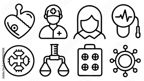 Health checkup icon set. Contains such icons as hospital, doctor, nurse, stethoscope, instruments, research, organs, tests, viruses, lung, liver, brain, eye, hearing, kidneys, stomach and more
