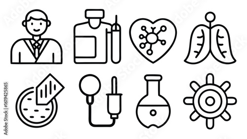 Health checkup icon set. Contains such icons as hospital, doctor, nurse, stethoscope, instruments, research, organs, tests, viruses, lung, liver, brain, eye, hearing, kidneys, stomach and more
