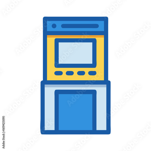 Blue and yellow ATM machine against a black background