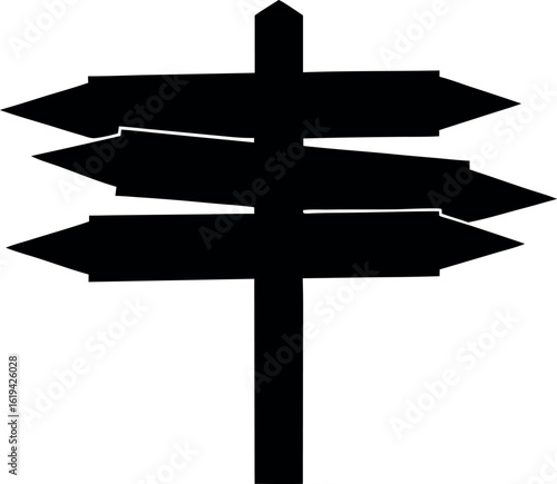 wooden signpost arrow silhouette vector, road direction black symbol, 