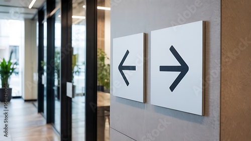 Modern office hallway with clear directional signs pointing left and right indicating navigation and choice