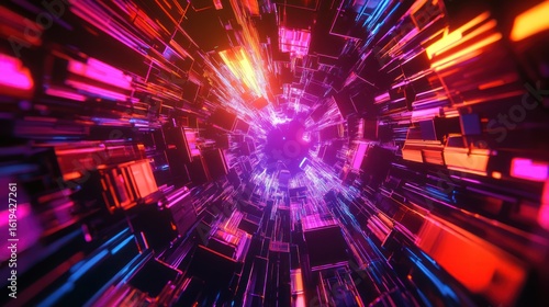 Abstract futuristic tunnel with vibrant colors and geometric shapes.