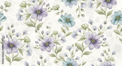 Fototapeta Naklejka Na Ścianę i Meble -  Delicate watercolor floral pattern with purple and blue flowers and green leaves