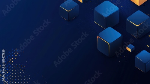 Abstract geometric background with overlapping navy blue and gold cubes, a dark backdrop with a dotted pattern.