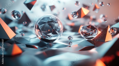 Abstract geometric composition of glossy crystal spheres and pyramids in vibrant colors.