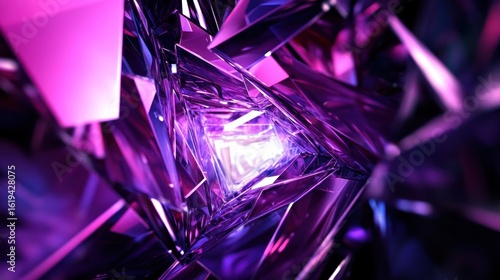 Abstract geometric crystals tunnel, vibrant purple and pink, reflective facets, deep focus.