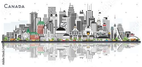 Canada City Skyline with Gray Buildings Isolated on White. Illustration. Concept with Historic Architecture. Canada Cityscape with Landmarks. Ottawa. Toronto. Montreal. Vancouver.