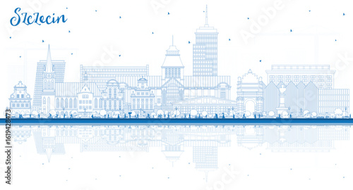 Outline Szczecin Poland city skyline with blue buildings and reflections. Szczecin cityscape with landmarks. Business travel and tourism concept with modern and historic architecture.