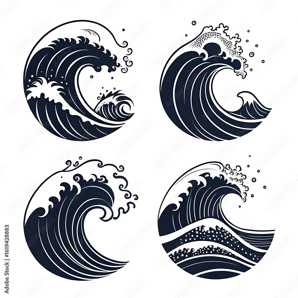 Obraz premium Four distinct japanese style ocean waves in a circular design