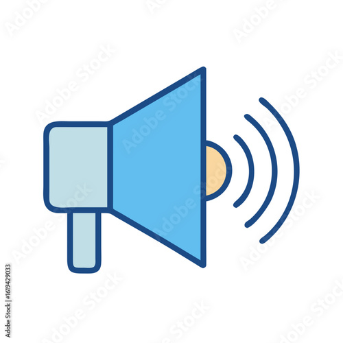 Blue megaphone broadcasting sound waves, vector flat illustration