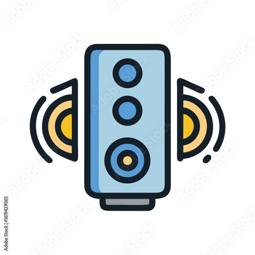 Stylized speaker illustration with sound waves on a black background