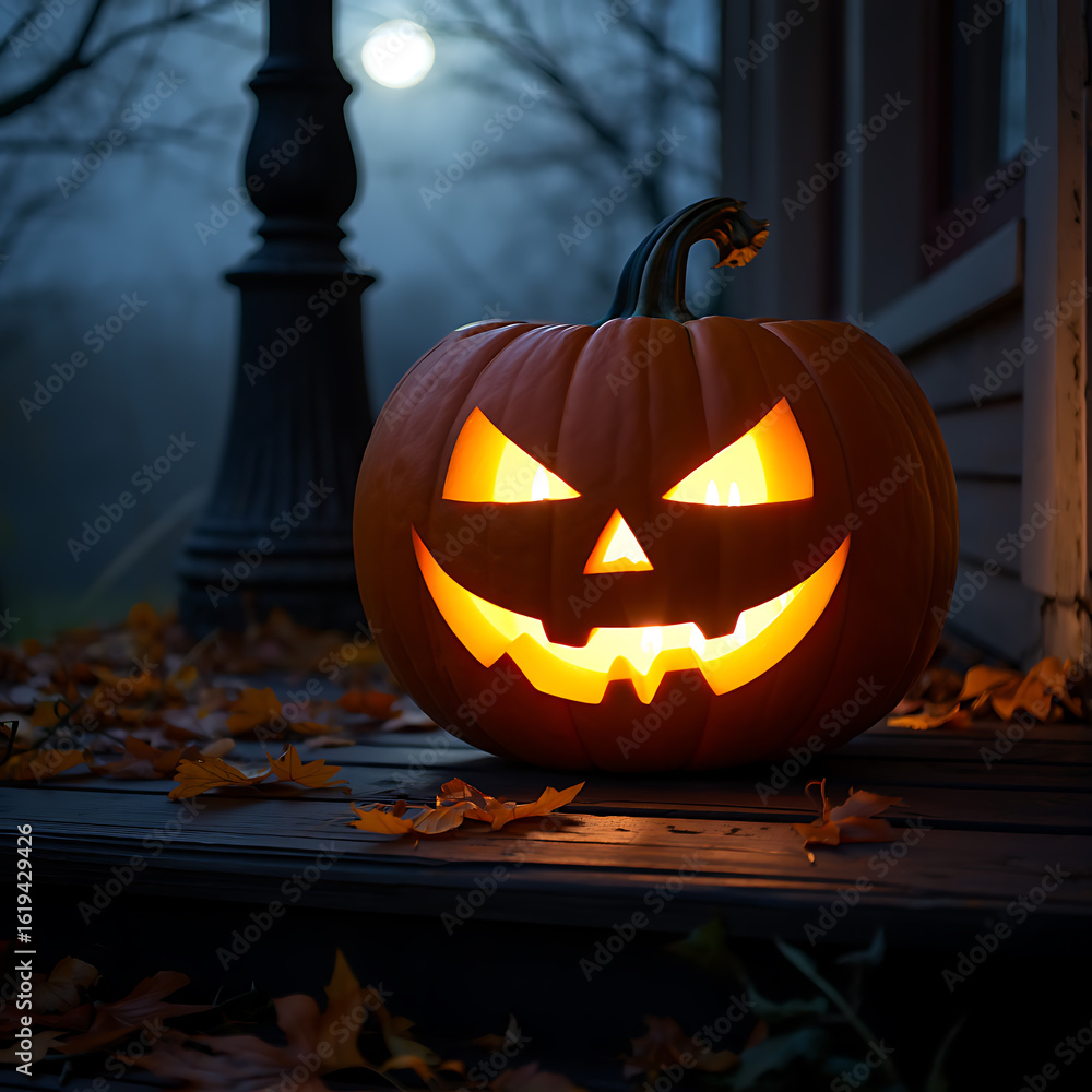 Fototapeta premium Spooky jack o lantern glowing on a dark autumn night