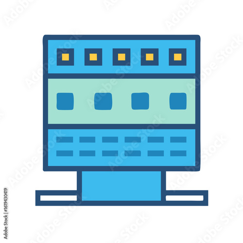Stylized server rack icon with various compartments and lights