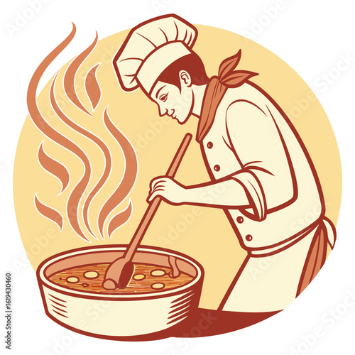 Chef stirring a pot of food with steam rising
