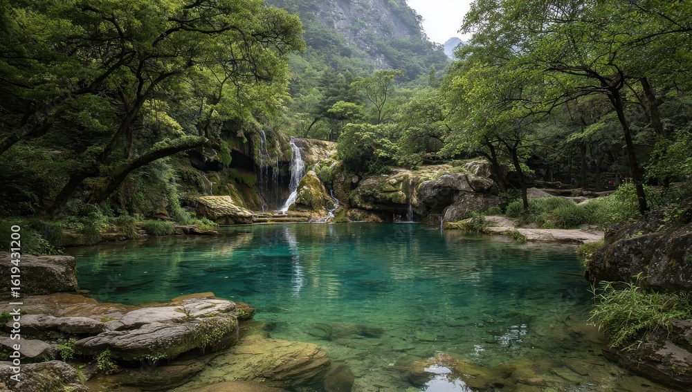 Naklejka premium Tranquil waterfall cascading into clear water in forest. Relaxation concept