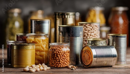 Assorted canned and jarred goods on a rustic wooden surface