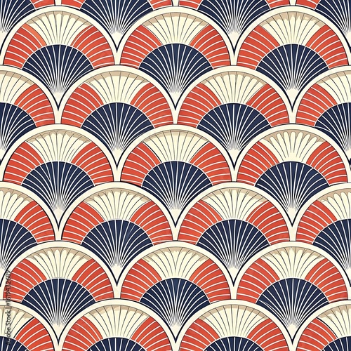 Art deco fan pattern with repeating geometric scallops in navy blue red and cream colors