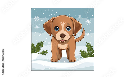 a brown puppy standing in the snow