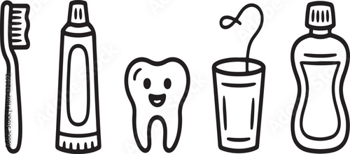 Doodle Line Icons of Dental Care Essentials Toothbrush, Toothpaste Tube, Smiling Tooth, Dental Floss, and Mouthwash